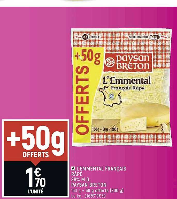l'emmental français râpé 28% m.g. paysan breton