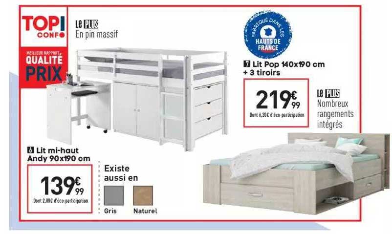 lit mi-haut andy 90 x 190 cm, lit pop 140 x 190 cm + 3 tiroirs