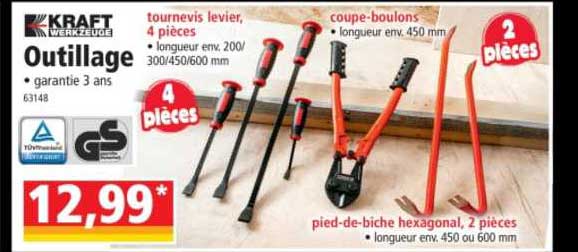 outillage kraft, tournevis levier, 4 pièces, coupe-boulons, pied-de-biche hexagonal, 2 pièces