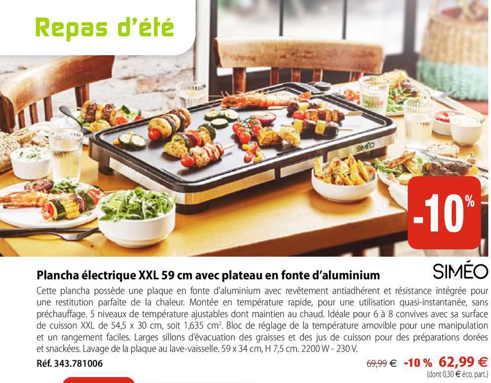 plancha électrique xxl 59 cm avec plateau en fonte d'aluminium siméo