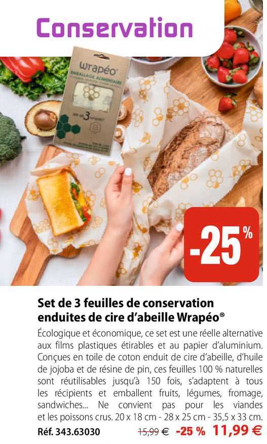 set de 3 feuilles de conservation enduites de cire d'abeille wrapéo