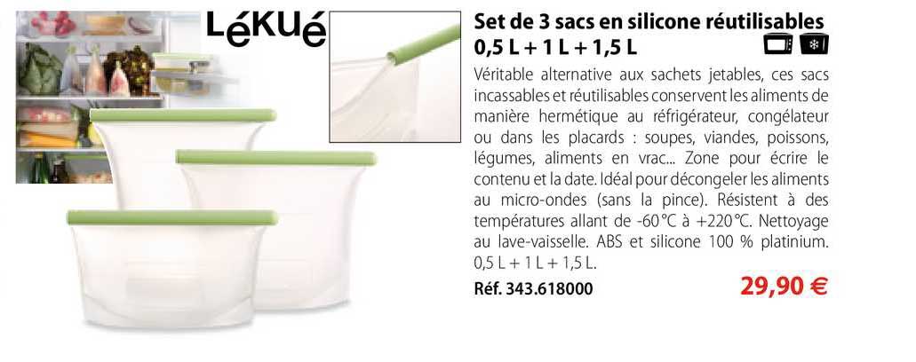 set de 3 sacs en silicone réutilisables 0,5 l + 1 l + 1,5 l lékué