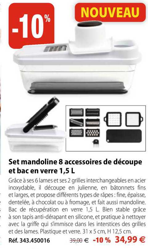 Set Mandoline 8 Accessoires De Découpe Et Bac En Verre 1,5 L