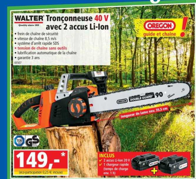 tronçonneuse 40 v avec 2 accus li-ion walter