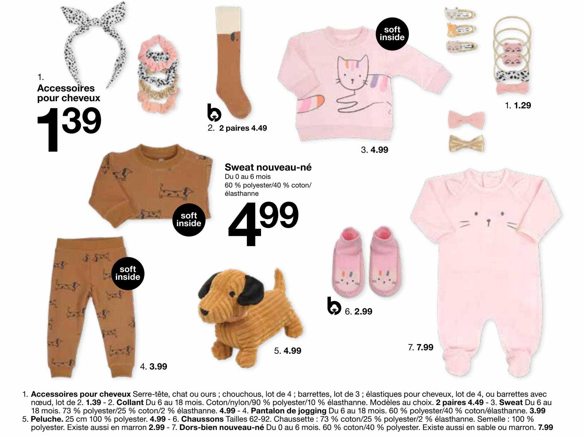 accessoires pour cheveux, collant, sweat, pantalon de jogging, chaussons, peluche, dors-bien nouveau-né