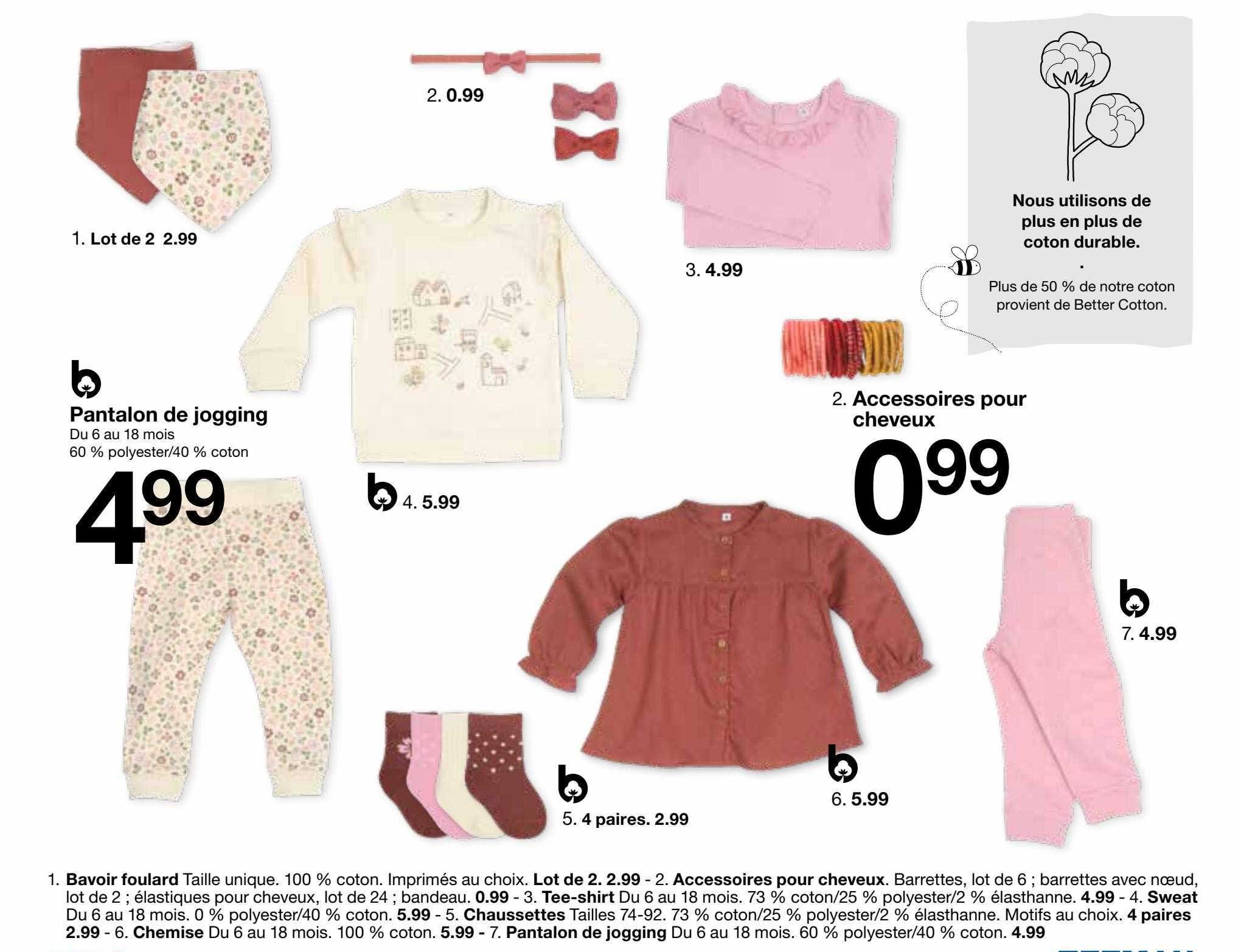 bavoir foulard, accessoires pour cheveux, tee-shirt, sweat, chaussettes, pantalon de jogging