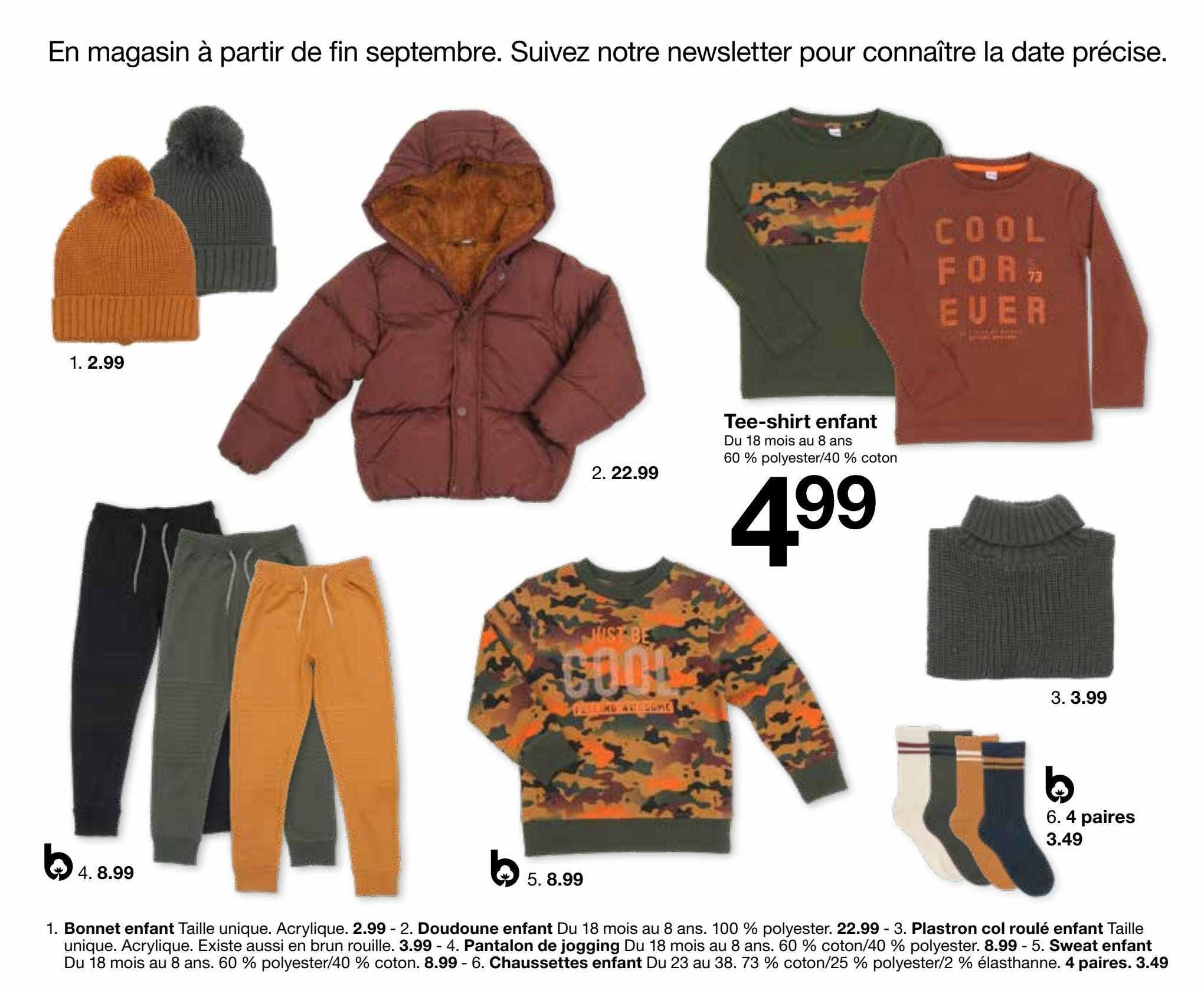 bonnet enfant, doudoune enfant, plastron col roulé enfant, pantalon de jogging, sweat enfant, chaussettes enfant