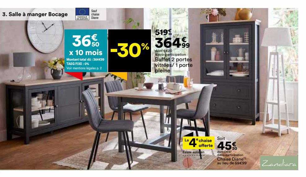 Salle à Manger Bocage: Buffet 2 Portes Vitrées-1 Porte Pleine, Chaise Diane