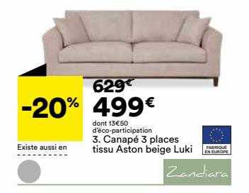 canapé 3 places tissu aston beige luki