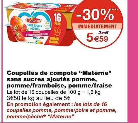Coupelles De Compote "materne" Sans Sucres Ajoutés Pomme, Pomme-framboise, Pomme-fraise