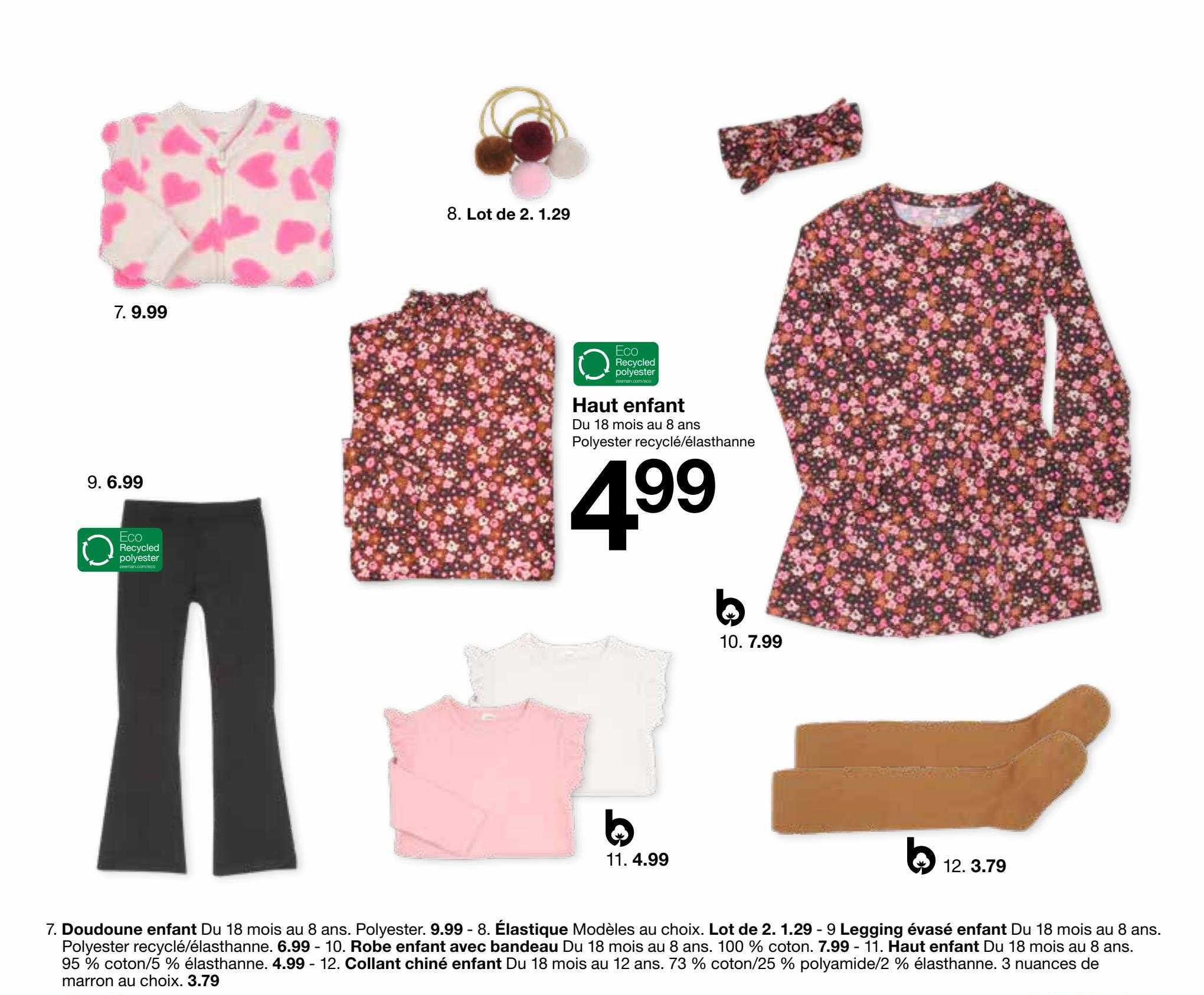 doudoune enfant, élastique, legging évasé enfant, robe enfant avec bandeau, haut enfant, collant chiné enfant