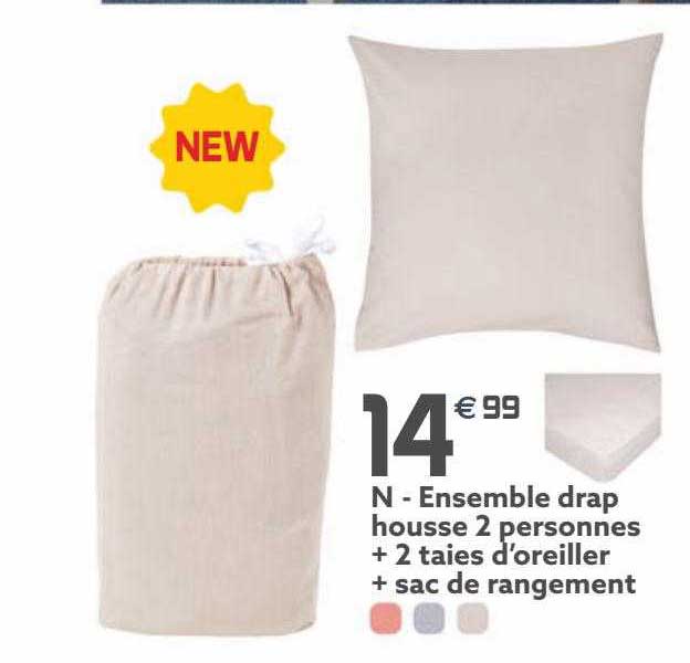 ensemble drap housse 2 personnes + 2 taies d'oreiller + sac de rangement