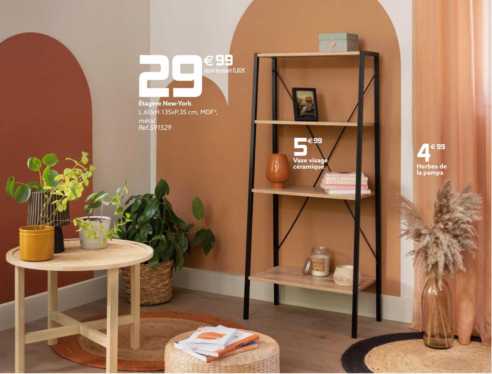 étagère new-york, vase visage céramique, herbes de la pampa