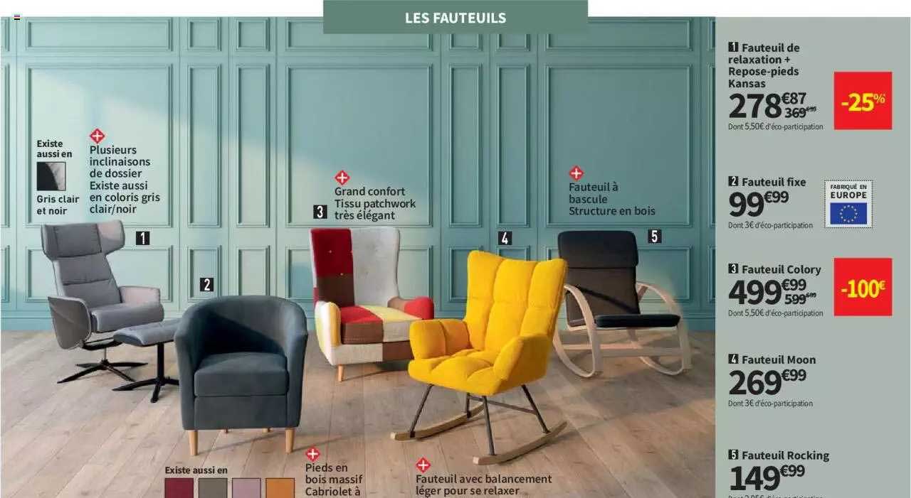 fauteuik de relaxation + repose-pieds kansan, fauteuil fixe, fauteuil colory, fauteuil moon, fauteuil rocking