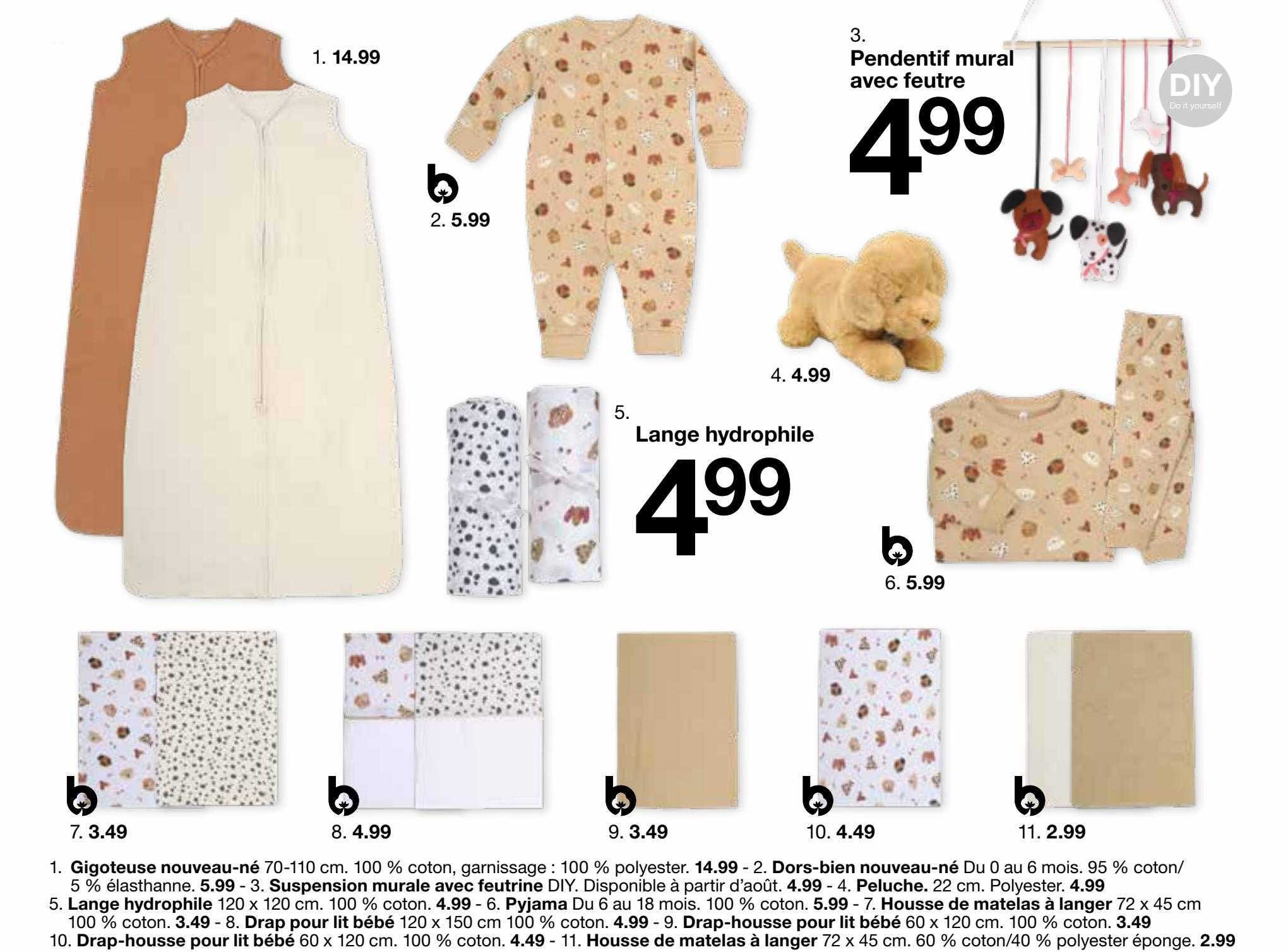 gigoteuse nouveau-né, dors-bien nouveau-né, suspension murale avec feutrine, peluche, lange hydrophile, pyjama, housse de matelas à langer, drap pour lit bébé, drap-housse pour lit bébé