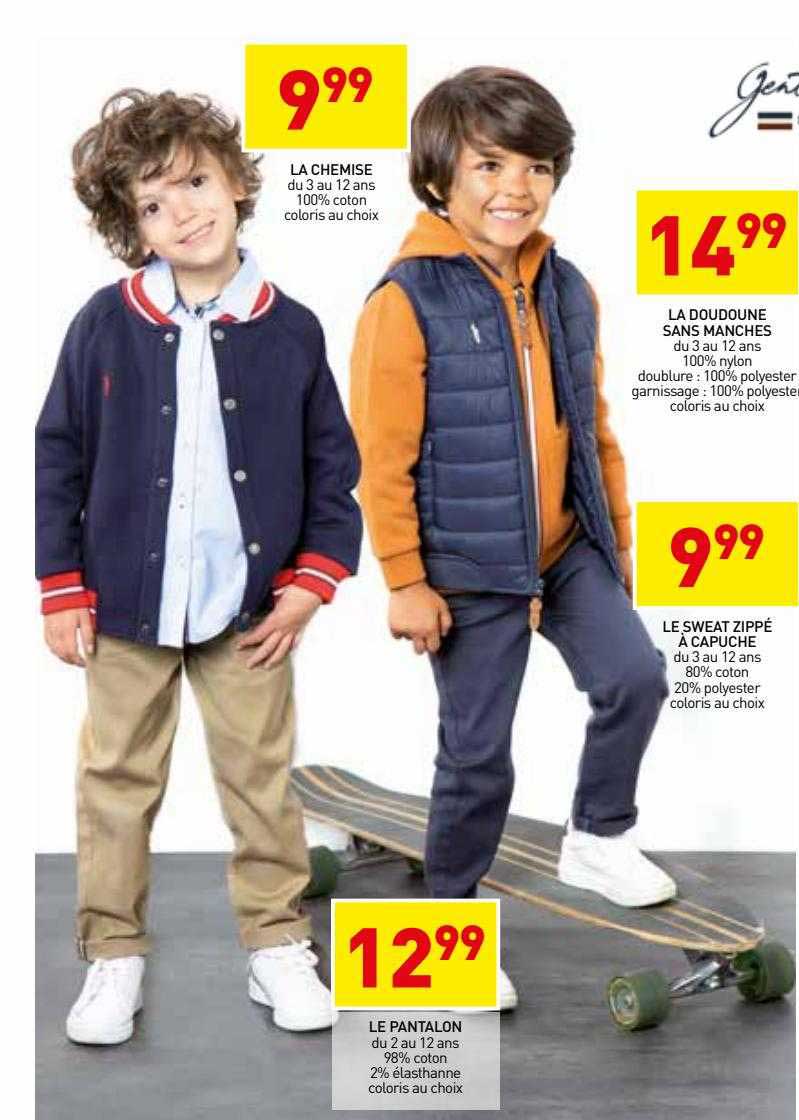 la chemise, la doudoune sans manches, le pantalon, le sweat zippé à capuche