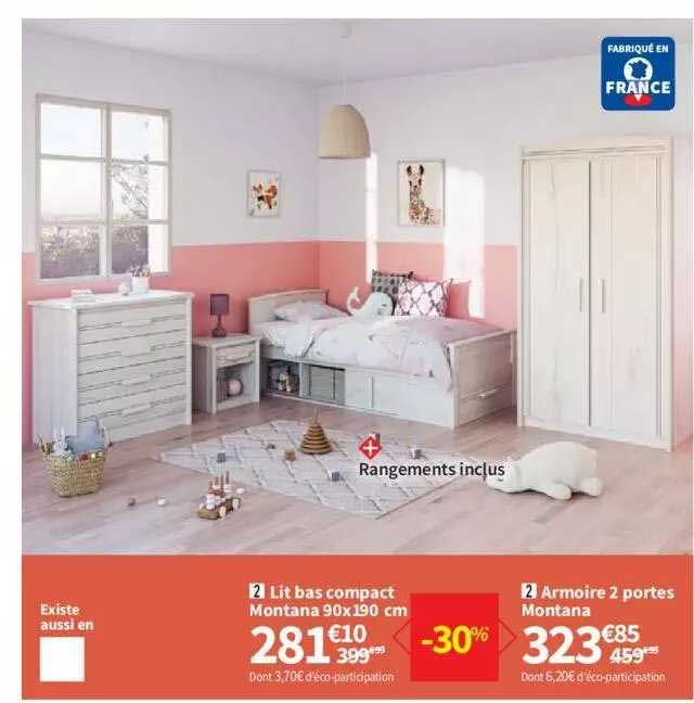 Lit Bas Compact Montanz 90 X 190 Cm, Armoire 2 Portes Montana
