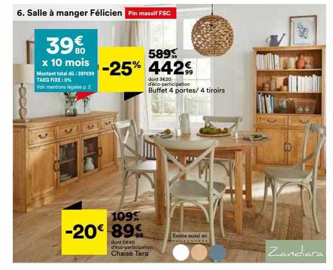 salle à manger félicien: buffet 4 portes-4 tiroirs, chaise tara