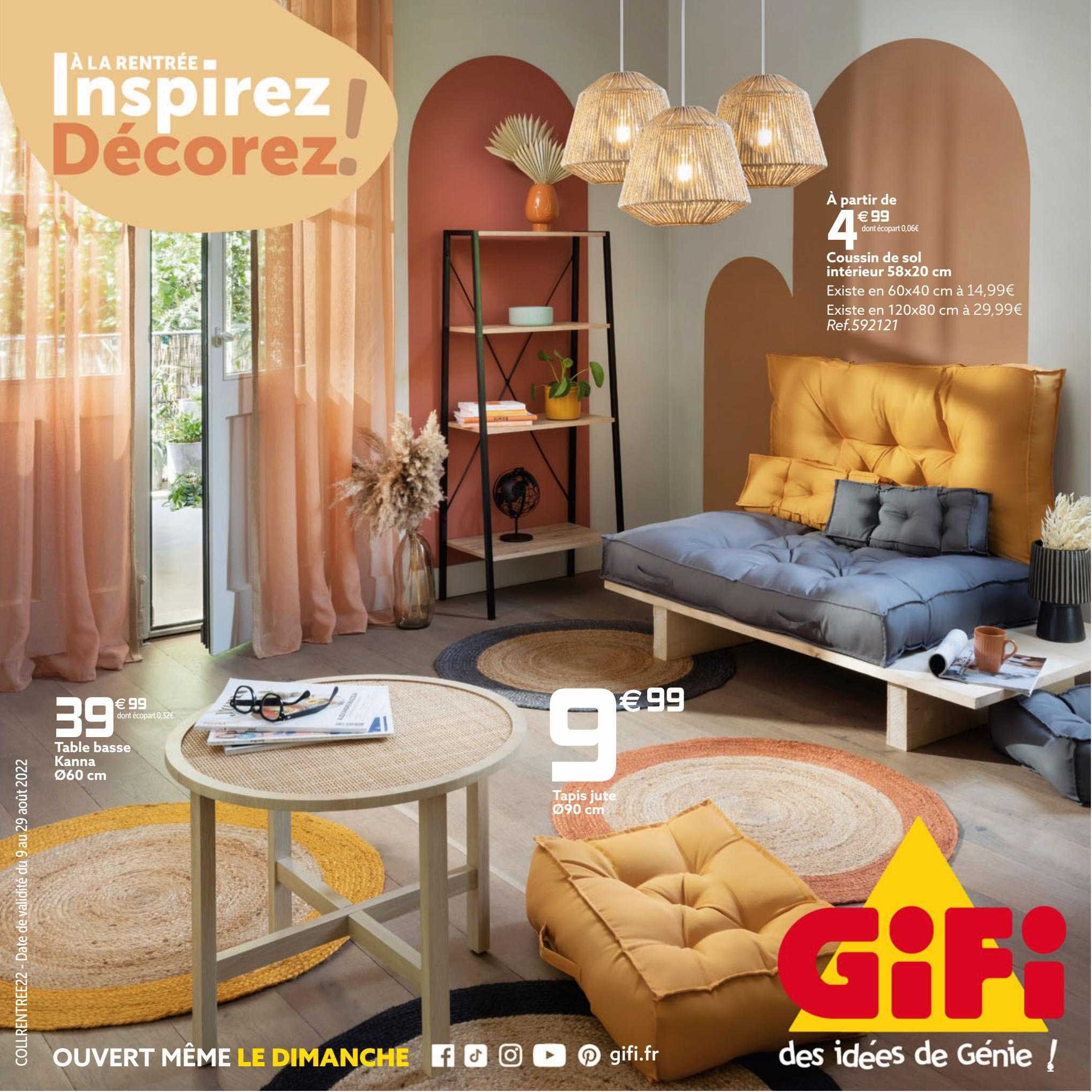 Table Basse Kanna ø 60 Cm, Tapis Jute ø 90 Cm, Coussin De Sol Intérieur 58 X 20 Cm