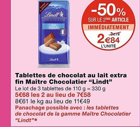 tablettes de chocolats au lait extra fin maître chocolatier "lindt"