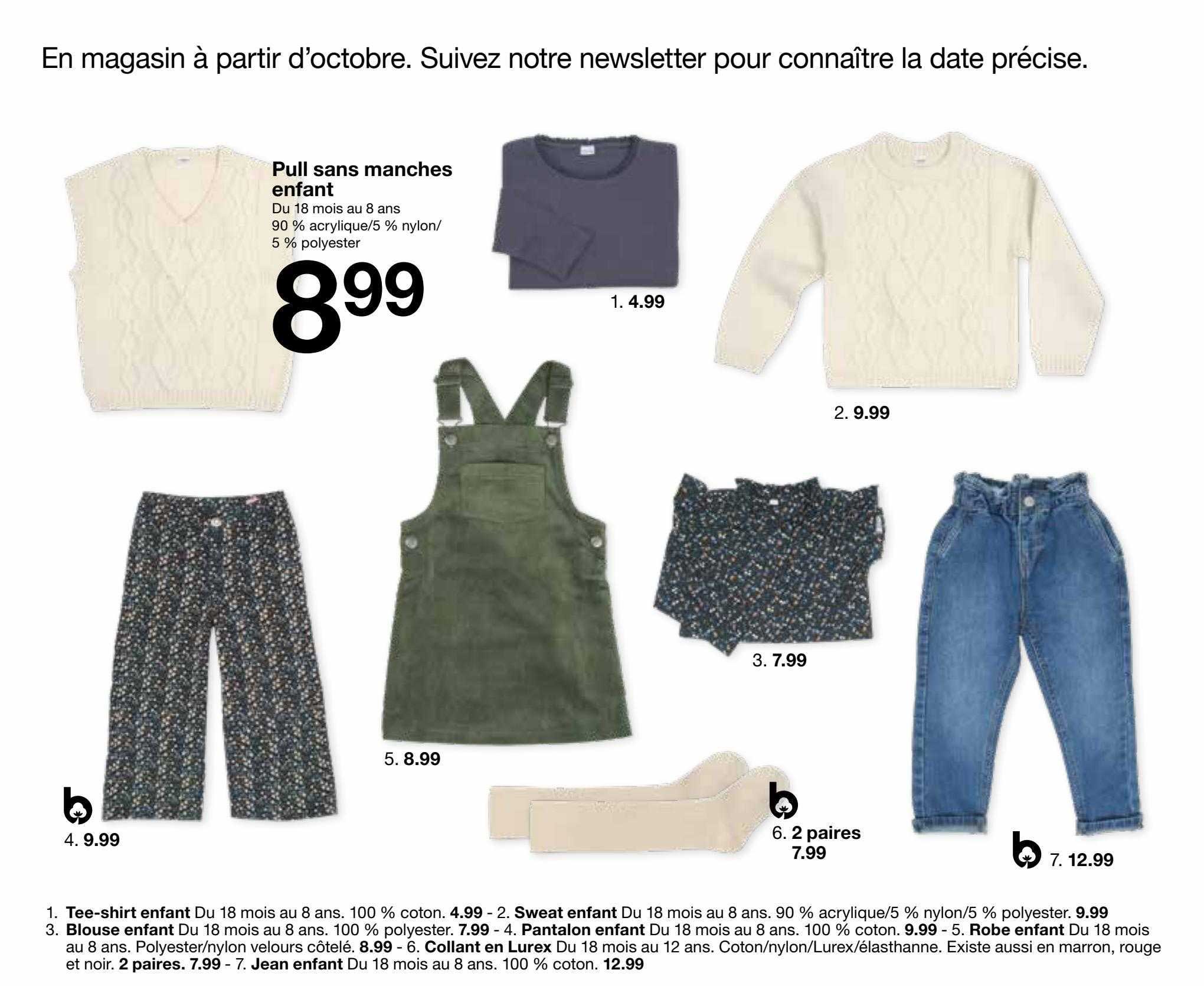 tee-shirt enfant, sweat enfant, blouse enfant, pantalon enfant, robe enfant, collant en lurex, jean enfant