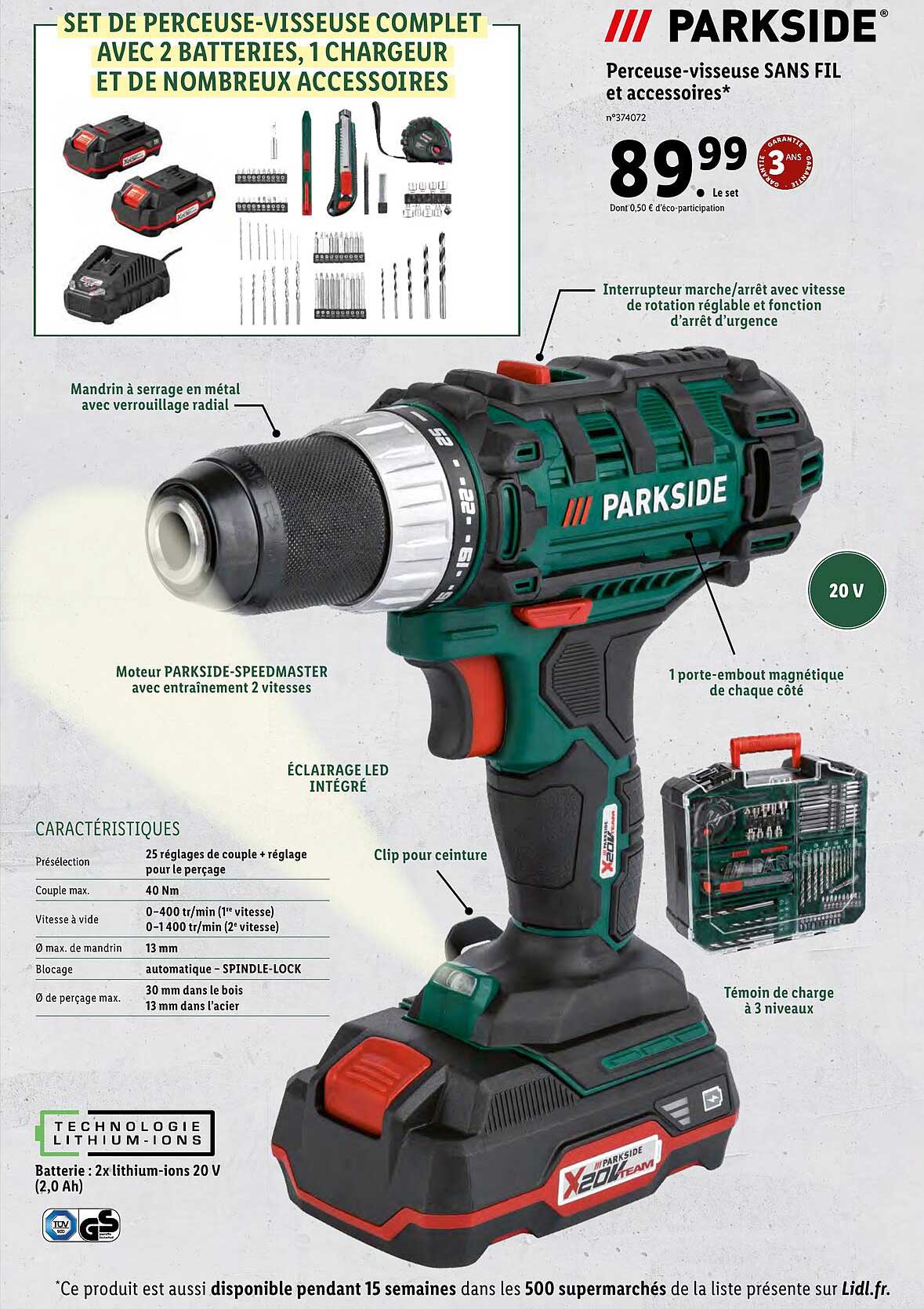 Perceuse-visseuse Sans Fil Et Accessoires Parkside