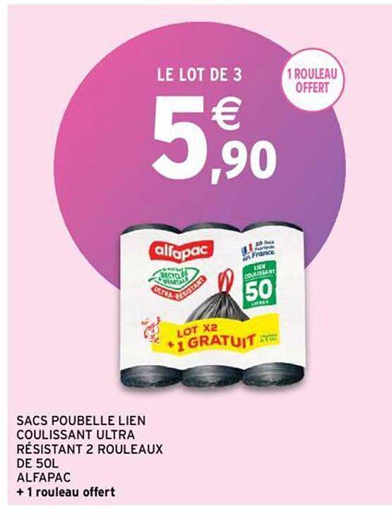 sacs poubelle lien coulissant ultra résistant 2 rouleaux de 50l alfapac