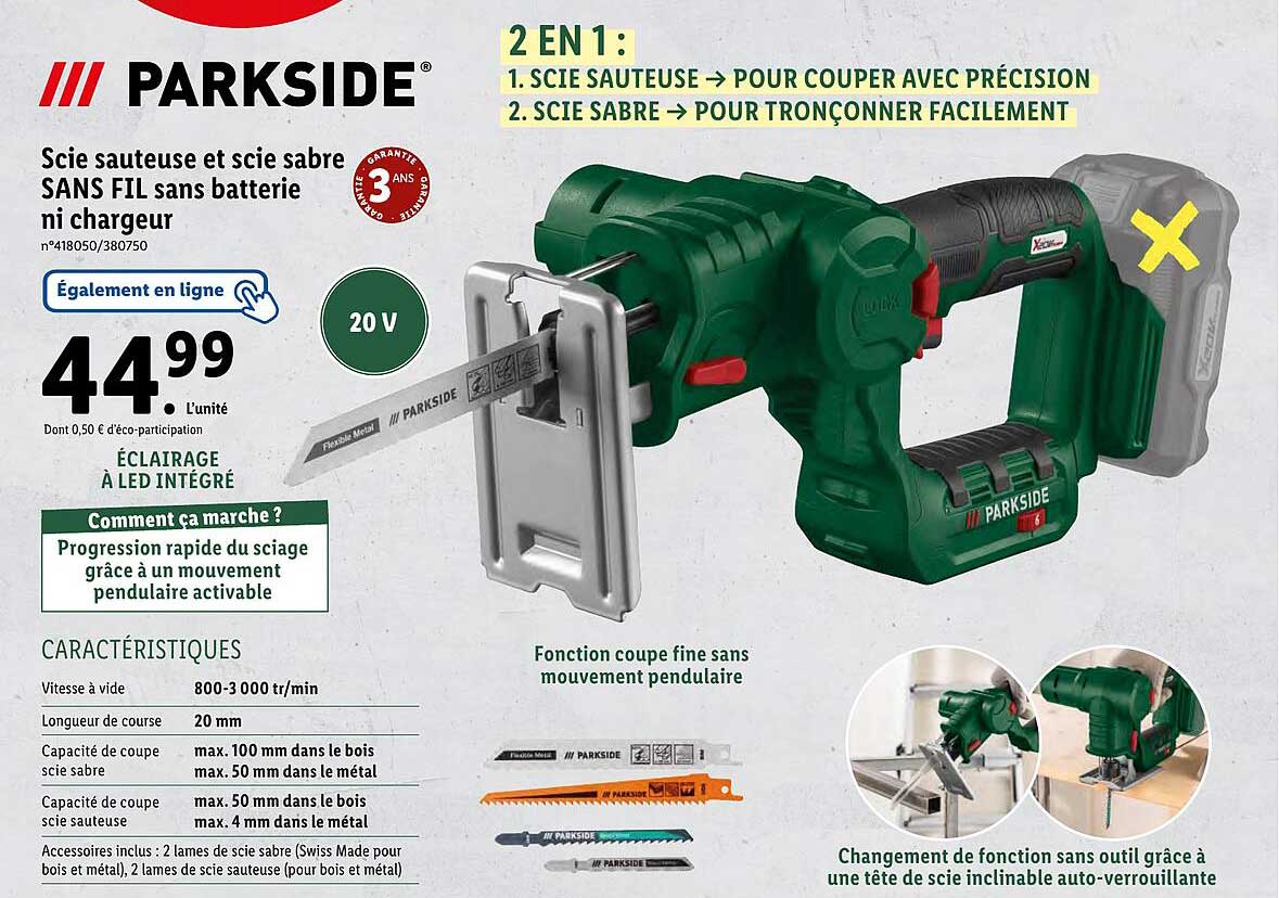 scie sauteuse et scie sabre sans fil sans batterie ni chargeur parkside