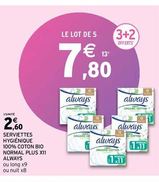 serviettes hygiénique 100% coton bio normal plus x11 always