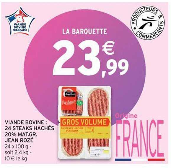 viande bovine : 24 steaks hachés 20% mat.gr. jean rozé