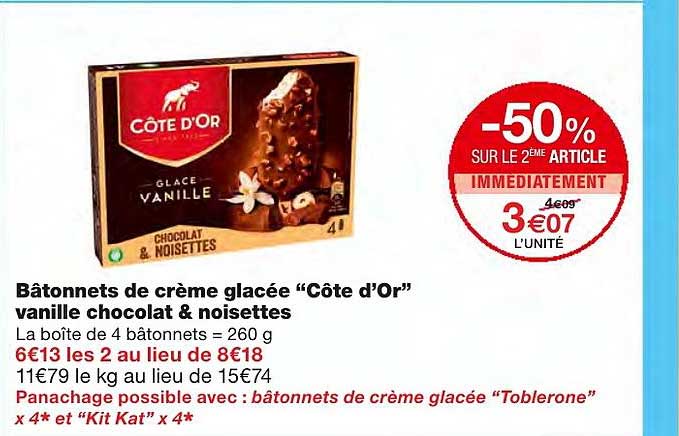bâtonnets de crème glacée "côte d'or" vanille chocolat & noisettes -50% sur le 2ème article immédiatement
