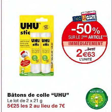 bâtons de colle uhu -50% sur le 2ème article immédiatement