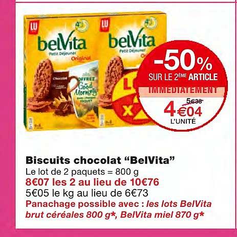 biscuits chocolat belvita -50% sur le 2ème article immédiatement