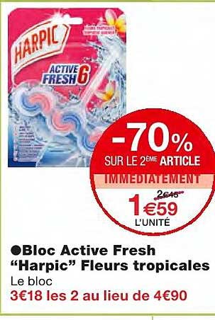 bloc active fresh "harpic" fleurs tropicales -70% sur le 2ème article immédiatement