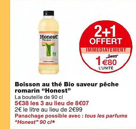 boisson au thé bio saveur pêche romarin "honest" 2+1 offert immédiatement