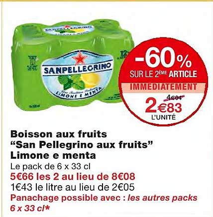 boisson aux fruits "san pellegrino aux fruits" limone e menta -60% sur le 2ème article immédiatement
