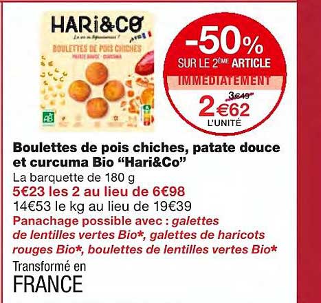 boulettes de pois chiches, patate douce et curcuma bio "hari&co" -50% sur le 2ème article immédiatement