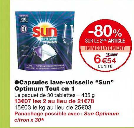 capsules lave vaisselle "sun" optimum tout en 1 -80% sur le 2ème article immédiatement