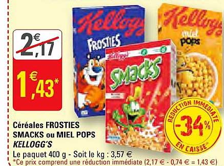 céréales frosties smacks ou miel pops kellogg's