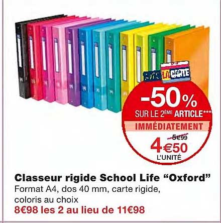 classeur rigide school life oxford -50% sur le 2ème article immédiatement