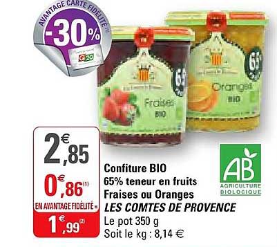 confiture bio 65% teneur en fruits fraises ou oranges les comtes de provence