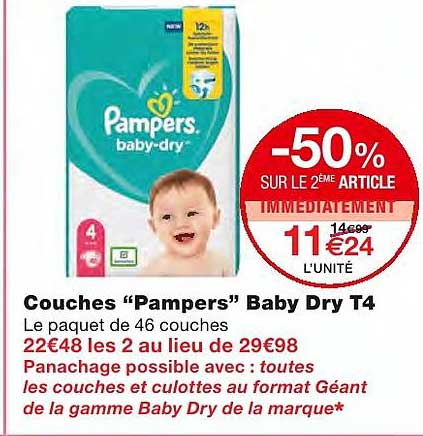 couches "pampers" baby dry t4 -50% sur le 2ème article immédiatement