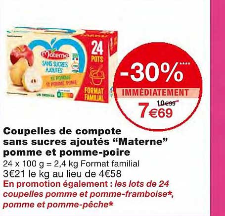 coupelles de compote sans sucres ajoués marterne pomme et pomme poire -30% immédiatement