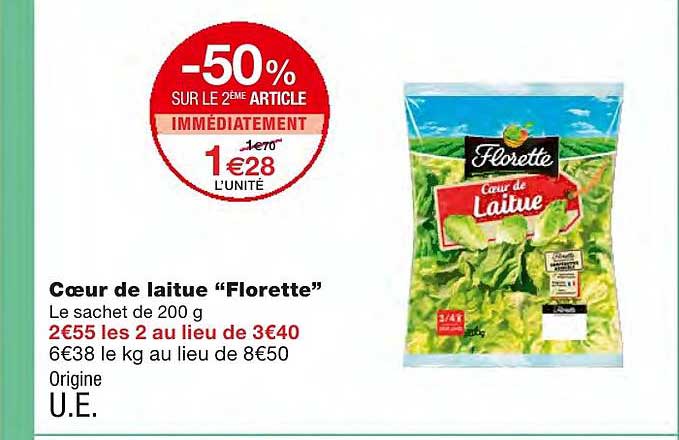 cœur de laitue "florette" -50% sur le 2ème article immédiatement