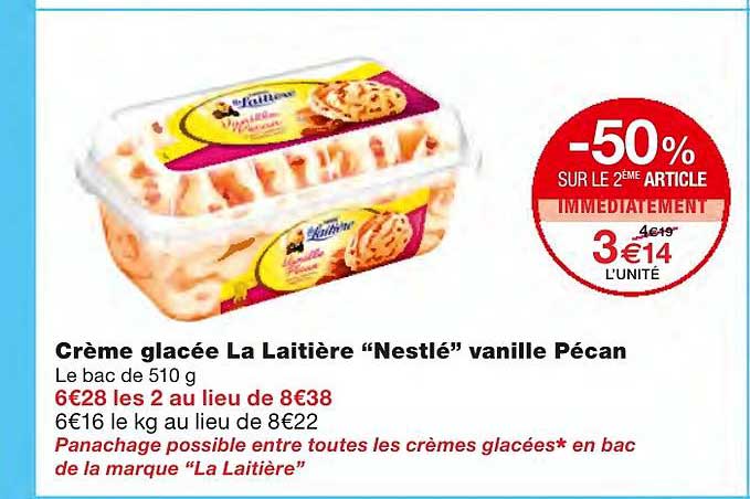 crème glacée la laitière "nestlé" vanille pécan -50% sur le 2ème article immédiatement