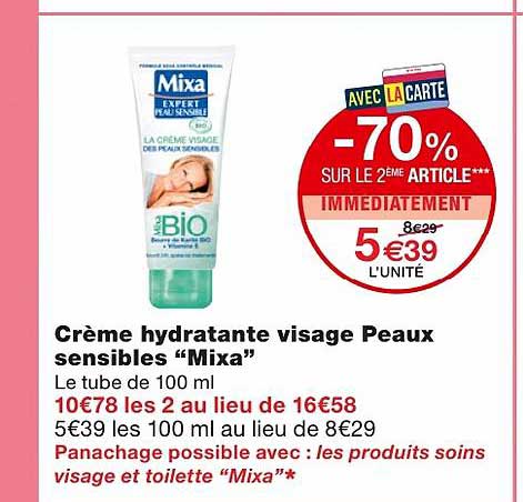 crème hydratante visage peaux sensible "mixa" -70% sur le 2ème article immédiatement