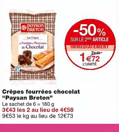 crêpes fourrées chocolat "paysan breton" -50% sur le 2ème article immédiatement