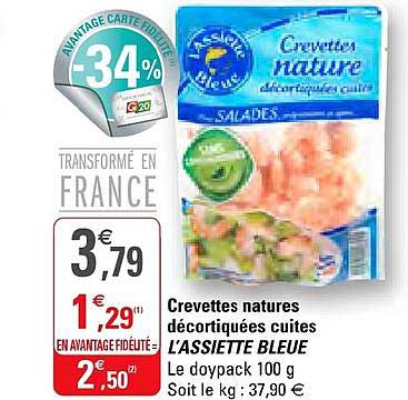 crevettes natures décortiquées cuites l'assiette bleue