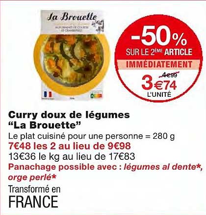 curry doux de légumes "la brouette" -50% sur le 2ème article immédiatement
