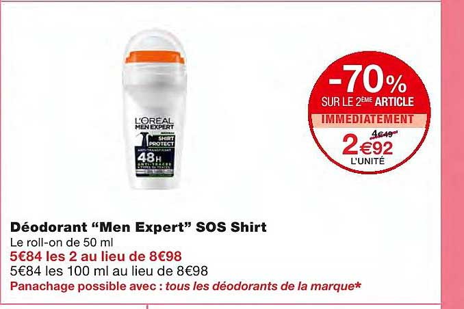 déodorant "men expert" sos shirt -70% sur le 2ème article immédiatement